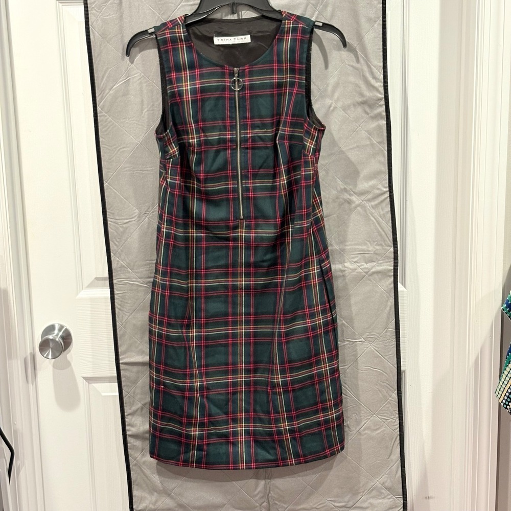 Trina Turk Versed Shift Dress Retro Academia Sleeveless 4 Tartan Plaid
